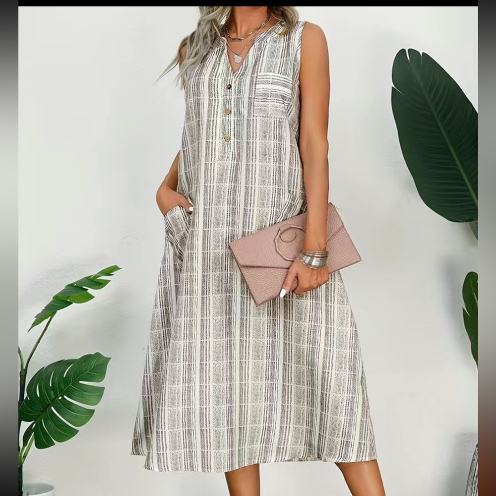 Striped Notched Neck Button Front Dress, Boho Sleeveless Dress